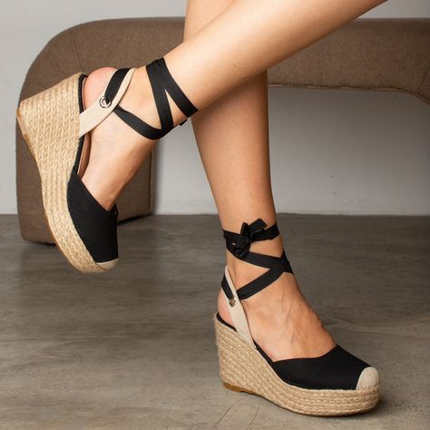 Black Espadrilles Wedges, Womens Espadrilles Wedges, Heeled Espadrilles, Black Platform Heels, Platform Espadrilles, Stylish Sandals, Black Platform, Platform Heel, Platform Wedge