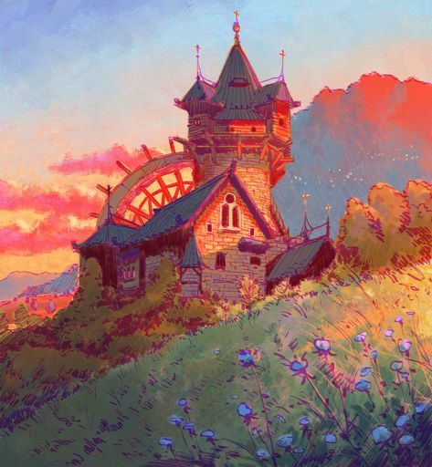 Pretty Scenery Paintings, Colorful Digital Art Illustrations, Cool Environments, Environment Concept Art Landscape, Fantasy Environment Concept Art, Illustration Art Landscape, Fantasy Landscape Illustration, Reference Landscape, Park Concept Art