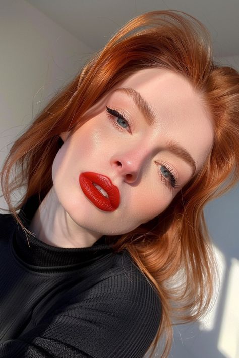 Make Up For Red Hair Girl, Red Lipstick For Redheads, Ginger Makeup Looks Blue Eyes, Ginger Girl Makeup, Eye Makeup For Redheads, Red Hair Blue Eyes Makeup, Ginger Makeup Looks, Red Head Makeup Looks, Medium Style Hair