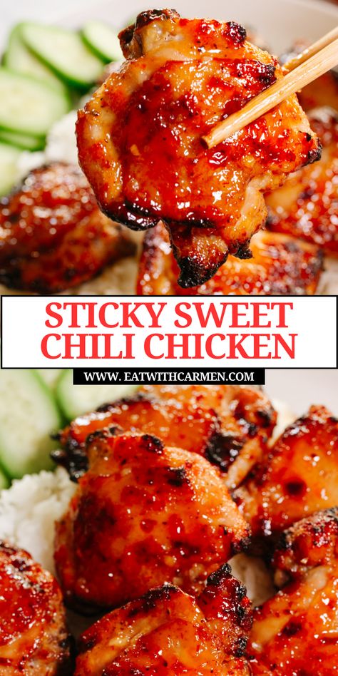 Enjoy the perfect blend of sweet and spicy with our Sticky Sweet Chili Chicken Thighs in Air Fryer recipe! Elevate your dinner game with these succulent chicken thighs, coated in a sticky and flavorful glaze. Indulge in the irresistible combination of sweet and spicy chicken, perfect for lovers of Asian-inspired cuisine. Whether you're a fan of spicy baked chicken or crave the bold flavors of spicy Korean chicken, this dish is sure to satisfy. Sweet Chili Chicken Thighs, Chicken Thighs In Air Fryer, Asian Chicken Thighs, Spicy Korean Chicken, Spicy Baked Chicken, Sweet Chilli Chicken, Sweet Chili Chicken, Sweet And Spicy Chicken, Chili Chicken