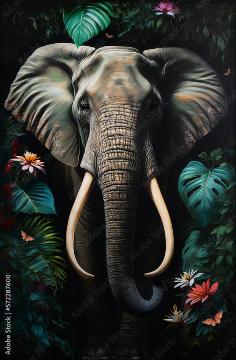 Portrait of an elephant among roses and palm leaves By haitham African Animal Art, Elephant Portrait, Elephant Jungle, Colorful Jungle, Elephant Photography, Elephant Artwork, Elephant Wallpaper, Elephant Pictures, Elephants Photos