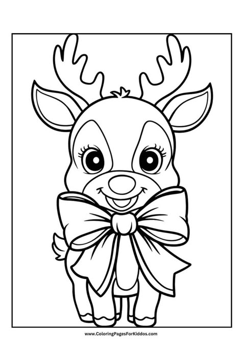 A smiling reindeer with a big bow tied around its neck. Reindeer Outline Free Printable, Reindeer Coloring Pages Free Printable, Santa Coloring Pages Free Printable, Christmas Coloring Sheets Free Printable, Free Christmas Coloring Pages Printables, Christmas Coloring Pages Free Printable, Free Printable Reindeer, Coloring Pages For Kids Christmas, Reindeer Coloring Pages