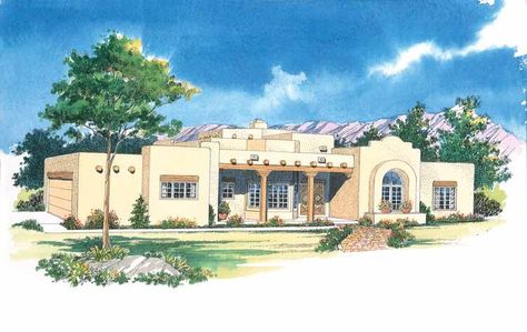 Adobe+House+Plan+with+2000+Square+Feet+and+3+Bedrooms+from+Dream+Home+Source+|+House+Plan+Code+DHSW01811 Adobe House Plans, Southwest House Plans, Southwestern House, Santa Fe Style Homes, Southwest House, Santa Fe Home, Walled Courtyard, Adobe Home, Arizona House