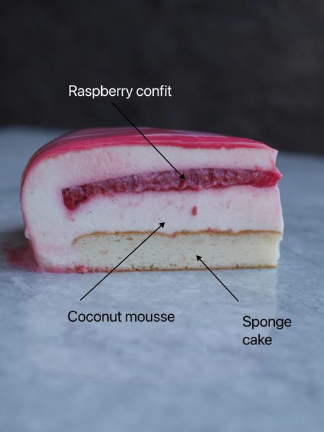 Raspberry and coconut mousse cake – The Pastry Nerd Raspberry Entremet Recipe, Raspberry Cremeux Recipe, French Mousse Cake, Coconut Mousse Recipe, Coconut Mousse Cake, Entrements Cake, Dome Entremet, Entremet Cake Recipe, Coconut Entremet