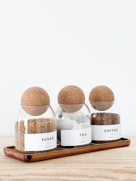 "These cute ball jars can be bought as singles, sets of 2 or sets of 3 with or without the Acacia Tray.  Perfect to display Tea, Coffee and Sugar but the labels are fully personalised, just let us know what you would like printed in the \"Personalisation Section\" - labels are 100% waterproof -- SIZE Height: 15 CM (including cork stopper) Width: 10 CM Volume: 500 ML" Kitchen Organisers, Tea Coffee Sugar Jars, Cork Ball, Bar Aesthetic, Tea Coffee Sugar Canisters, Pantry Containers, Tea Display, Sugar Container, Coffee Jars