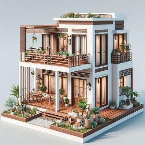 Charming, multi-story house design model with a modern architectural style. The house features a white exterior with brown wooden accents, including doors, window frames, and railings. The layout includes a spacious wooden deck on the ground floor, surrounded by potted plants. The second floor has a balcony with additional greenery and a small seating area. The house is surrounded by various plants, adding to its cozy and inviting atmosphere. - Image Creator von Microsoft Designer Loft House With Balcony, Sims 4 Small Floor Plans, 3 Story Small House Design, Small Modern House Layout, Modern House Ideas Exterior, Sims Balcony, House Plans Sims 4 Layout, Sims Vacation House, Plant House Exterior