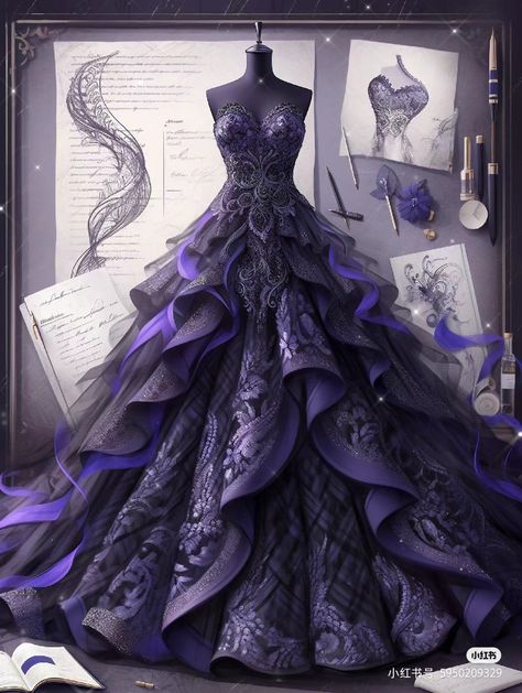 Purple Black Formal Dress, Black And Lavender Wedding Dress, Royal Purple Ball Gown, Dragon Wedding Dress, Purple Dress Princess, Black And Purple Wedding Dress, Purple Fantasy Dress, Purple Ballgown, Purple Princess Dress