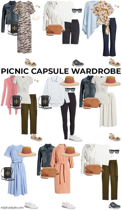 Picnic capsule wardrobe | 40plusstyle.com Clothes For Picnic, School Picnic Outfit, Picnic Outfit Ideas Casual Jeans, Company Picnic Outfit, Picnic Outfit Ideas Casual, Picnic Outfit Ideas, Picnic Outfit Summer, Picnic Brunch, Picnic Outfit