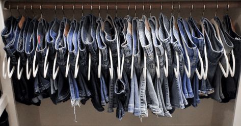 How to Hang Your Jeans – Closetful of Clothes Organizing Shorts In Closet, Hanging Jeans On Hooks, Pants On Hanger Hack, How To Hang Jeans In Closet Small Spaces, How To Hang Blue Jeans In Closet, Hang Shorts In Closet, Closet Shorts Organization, Hang Jeans On Hanger, Ways To Hang Jeans In Closet