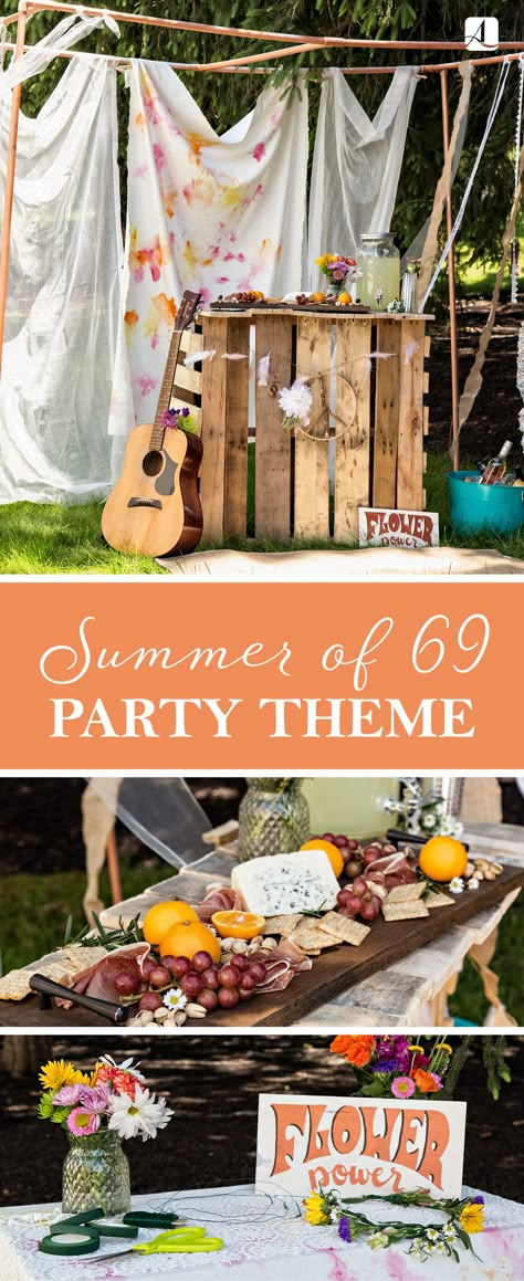 Summer of '69 Flower Power Party - American Lifestyle Magazine Daisy Jones And The Six Party Ideas, 60s Beach Party, Flower Decorations For Party, Woodstock Party Ideas, Sixties Party, Boho Summer Party, Boho 70s Party, Summer Of Love Party, Woodstock Party Decorations