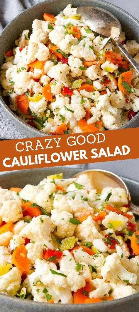 Cauliflower salad with chopped pepperoncini and roasted peppers in a dark gray bowl. Cauliflower Pepper Salad, Keto Salad Vegetarian, Cauliflower Taco Salad, Raw Side Dishes, Tricolor Cauliflower Recipes, Califlower Recipes Raw, Raw Veggie Salad Recipes, Coliflower Salad Recipes Raw, Cold Cauliflower Recipes