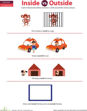 Preschoolers learn the difference between inside and outside on this colorful worksheet featuring monkeys, dogs, and a friendly cab driver. Inside And Outside Worksheet For Preschool, Inside And Outside Worksheet, Inside Outside Worksheet, Learning Colors Activities, Color Worksheets For Preschool, Counting Activities Preschool, Math Addition Worksheets, Math Magic, Preschool Tracing