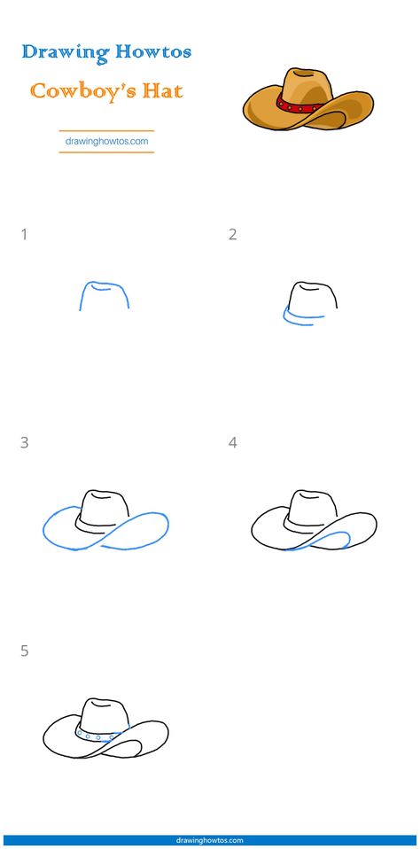 How to Draw a Cowboy Hat - Step by Step Easy Drawing Guides - Drawing Howtos Cowboy Hat Sketch Easy, Drawing A Cowboy Hat, Cowboy Hat Simple Drawing, Easy Cowboy Hat Painting, How To Draw A Cowboy Hat Step By Step, How To Draw A Cowboy Hat Easy, Cowboy Drawings Easy, Western Easy Drawing, How To Paint A Cowboy Hat