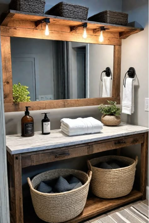 Farmhouse-style bathroom vanity with a distressed paint finish and open shelving Do It Yourself Bathroom Vanity, Open Bathroom Vanity Ideas, Guest Bathroom Modern Farmhouse, Modern Farmhouse Guest Bathroom Ideas, Vanity Outside Of Bathroom, Farmhouse Vanity Ideas, Tiny Farmhouse Interior, Diy Farmhouse Vanity, Diy Double Vanity