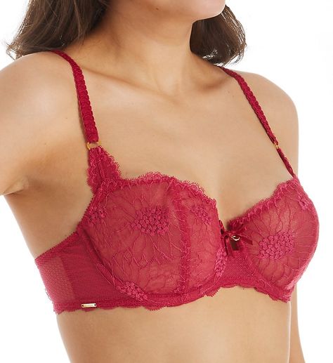 A prelude to romance? Possibly. This ravishing demi bra is sure to elicit overtures of passion. Features dual lace patterns, goldtone metal embellishments, ruched ribbon straps and keyhole cut-out. Made of polyamide and elastane. Multi-part, low-cut underwire cups provide natural shape and support. Cups have vertical seaming for shape and are partially sheer, lined with mesh for support. Sewn-on elastic at top cup edges, sides and back enables a more custom fit. Center panel - arched for high tu Chantelle Bras, Metal Embellishments, French Lingerie, Lingerie Brands, Mein Style, Women's Lingerie, Demi Bra, Lace Patterns, Lace Back