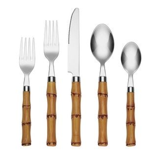 Bamboo Handle 20-Piece Flatware Set - Bed Bath & Beyond - 38405779 Bamboo Silverware, Bamboo Plastic, Chinoiserie Plates, Bamboo Flatware, Rattan Charger, Modern Flatware, Organic Forms, Stainless Steel Flatware, Steel Wool