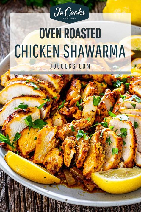 Oven Roasted Chicken Shawarma, Mediterranean Roasted Chicken Recipes, Healthy Chicken Shawarma, Greek Chicken Oven Roasted, Easy Oven Chicken Shwarma, Oven Chicken Shawarma, Easy Chicken Shawarma Recipe, Shawarma Chicken Recipe, Chicken Shawarma Marinade