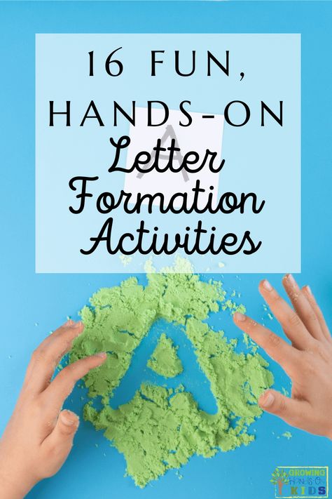 A child using fingers to make the capital letter A in green sand on a blue table. The letter A is on a white paper square at the top. White text overlay with black text at the top says "16 Fun, Hands-On Letter Formation Activities." Letter Formation Activities, Sand Writing, Handwriting Books, Handwriting Activities, Sensory Activities Toddlers, Write Letters, Gross Motor Activities, Pediatric Therapy, Movement Activities