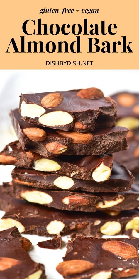 A stack of chocolate almond bark Vegan Bark Recipes, Chocolate Almond Bark Recipes, Vegan Bark, Almond Bark Recipes, Bark Candy, Quick And Easy Sweet Treats, Images Of Chocolate, Bark Recipes, Chocolate Covered Nuts