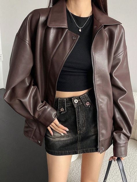 Chocolate Brown Casual Collar Long Sleeve PU Leather Plain Other Embellished Non-Stretch  Women Clothing Cherry Leather Jacket, Chocolate Brown Clothes, Chocolate Brown Outfits For Women, Simple Leather Jacket, Chocolate Brown Outfit, Summer Jackets For Women, Outfit Marrone, Chocolate Outfit, Colored Leather Jacket