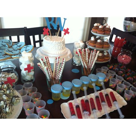 Nursing School Graduation party: I created this for my daughter's nursing school graduation party: urine cup & syringe jello shots, EKG cookies, nursing cap cupcakes, choc-dipped pretzel thermometers, cotton ball marshmallows, pill cup Skittles, dipped strawberries & Oreo truffles Syringe Jello Shots, Nurse Grad Parties, Medical Party, Nursing School Graduation Party, Nurse Party, Medical School Graduation, Dipped Strawberries, Nursing School Graduation, Oreo Truffles