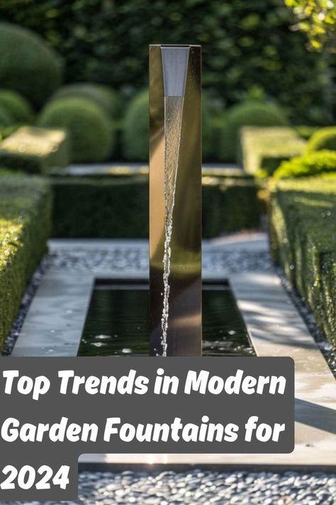 Modern garden fountain with sleek design, showcasing top trends in garden fountains for 2024. Linear Water Feature, Modern Garden Fountain, Backyard Fountains Landscaping, Backyard Fountain Ideas, Modern Water Fountain, Garden Fountain Ideas, Front Yard Fountain, Modern Outdoor Fountains, Contemporary Water Feature