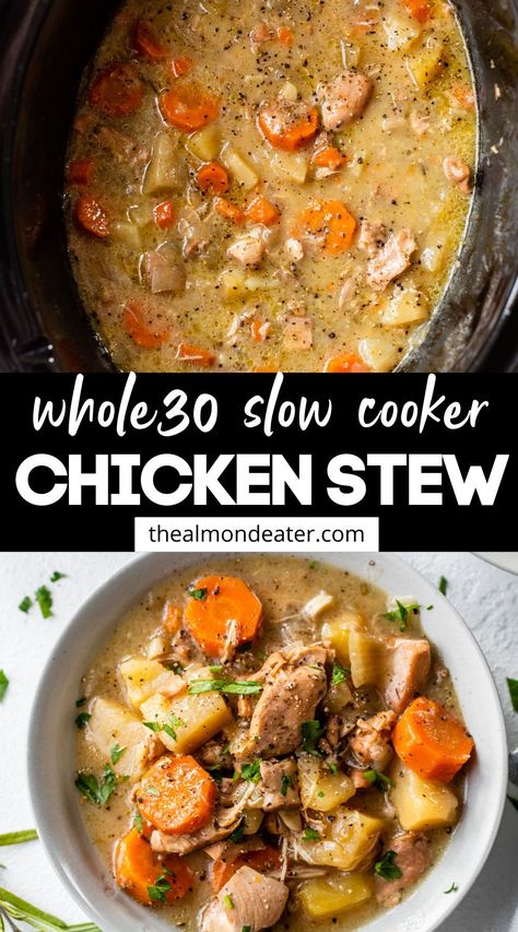 Whole 30 Chicken Soup Recipes, Whole 30 Chicken Soup Crockpot, Whole30 Chicken Crockpot Recipes, Shredded Chicken Paleo Recipes, Whole 30 Fall Soups, Crockpot Paleo Chicken, Easy Whole30 Crockpot Recipes, Chicken Carrot Potato Crockpot, Whole 30 Recipes Slow Cooker