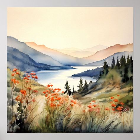 Mountain Landscape Watercolor Painting Art Print. Mountain Range Watercolor, Watercolor Art Landscape Tutorial, Watercolor Ideas Landscape, Scenery Watercolor Paintings, Watercolor Sceneries, Watercolor Mountains Tutorial, Easy Mountain Painting, Watercolor Forest Landscape, Landscape Watercolor Paintings