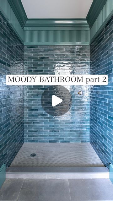 Kate Rumson on Instagram: "Moody Bathroom part 2 - If you’re familiar with my work, you know I’ve been using crown moldings for tile-to-ceiling transitions in bathrooms for more than 15 years … but I’ve never done anything this extra! I love this look so much, I’m now considering doing something very similar in our primary bathroom (only with whites and neutrals)   The reeded molding you see in this video is called Wide Reeded Accent Molding by @ornamentalmoulding and it’s available in 4 or 8ft long pieces (you can find it on HomeDepot.com)  Tile: Flatiron Collection by @nascostonetile in color Avio Paint: Urethane Trim Enamel in Gloss by @sherwinwilliams in color Rocky River  Crown molding: @novobp   #OrnamentalPartner #bathroomdesign #moodybathroom #newconstruction #newhome #newjersey" Kate Rumson, Crown Molding Bathroom, Bathroom Crown Molding, Bathroom Trim, Moody Bathroom, Rubber Molding, Crown Moldings, Rocky River, Primary Bathroom