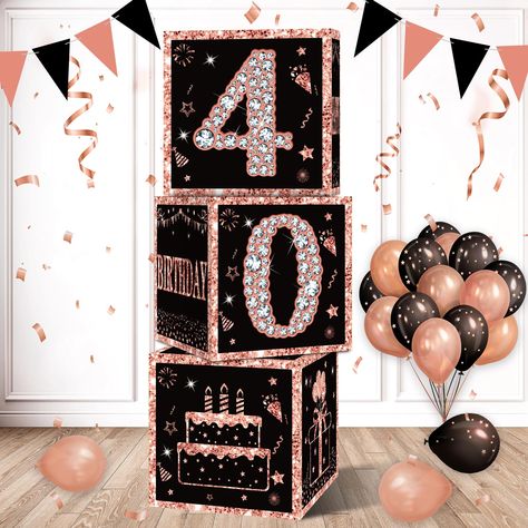 PRICES MAY VARY. [You Will Receive] -3pcs black gold 40th birthday balloon boxes decorations, the size of each box is 11.8×11.8×11.8inch. This set of great 40th birthday party display decorations. (Note: This set of decorations does not include balloons). [HAPPY 40 BIRTHDAY BOX] - This happy 40 birthday cardboard balloon boxes is designed in rose and gold, cardboard balloon boxes is designed in rose and gold, and the rose golden “HAPPY 40 BIRTHDAY” words, flags, cakes, gift boxes and other birth 40th Birthday Office Decorations, 40 Birthday Themes Women, 40s Birthday Party Theme, Rose Gold And Black Birthday Party, Elegant 40th Birthday Party Ideas, 40th Birthday Centerpieces For Woman, 40th Birthday Ideas For Women Decoration Decor Party Themes, 40 Birthday Party Decorations, 40 Birthday Balloons