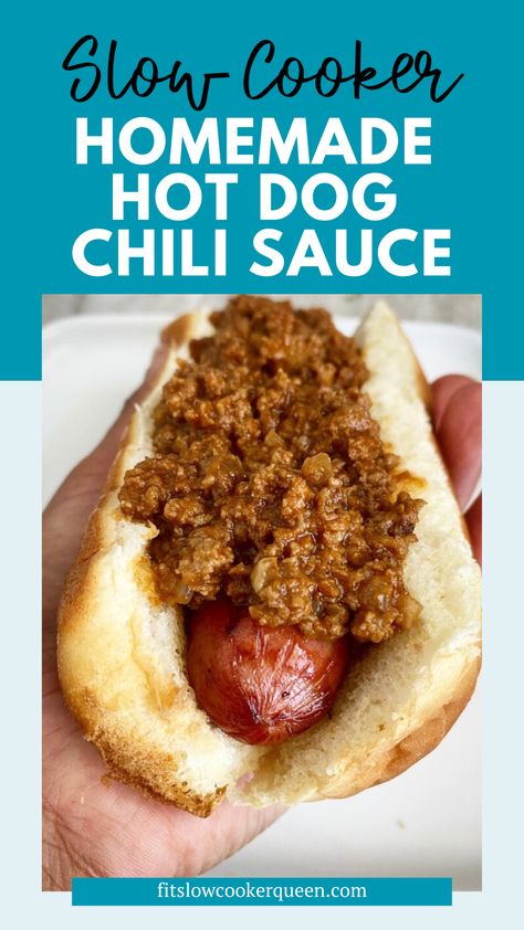 This slow cooker homemade hot dog chili sauce is a delicious topping for hot dogs. This sweet chili combines ground beef, ketchup, onion, and simple seasonings, for a delicious hot dog condiment. This is so easy to make because the crockpot does all the work.  Instructions to make this easy, hot dog chili in the Instant Pot are also included. Crockpot Hot Dog Chilli, How To Make Hot Dog Chili, Easy Hot Dog Sauce, Hot Dog Chili Recipe Easy Crockpot, Homemade Chili Dog Sauce, Slow Cooker Hot Dog Chili, Coney Dog Sauce Crock Pot, Crockpot Chili For Hotdogs, Meat Sauce For Hot Dogs