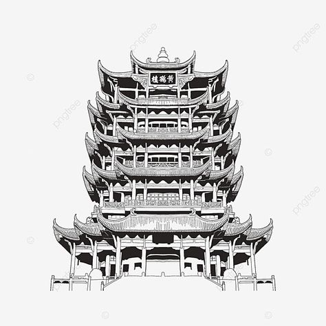 Yellow Crane Tower, Chinese Painting Style, Wing Drawing, Drawing Scenery, Drawing Png, Scene Drawing, Easy Chinese, Landmark Buildings, Line Background