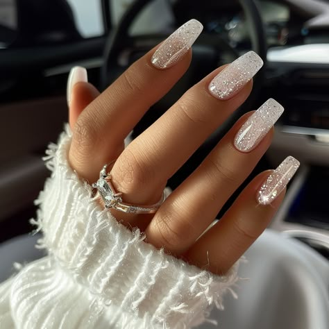 holiday nails, vacation nails, fall nails, acrylic nails, manicure, nail design, gel nails, long nails, short nails, nude nails, square nails, nail art, autumn nails, winter nails, sparkle nails, white nails, Christmas nails, Festive nails New Year��’s Eve Gel Manicure, Winter White Glitter Nails, Winter Christmas Nails White, White Fun Nails, Winter Bday Nails, Nye Nail Ideas Sparkle, Neutral Christmas Nails Acrylic, Gel Nails With Diamonds, White Nails With Designs Glitter