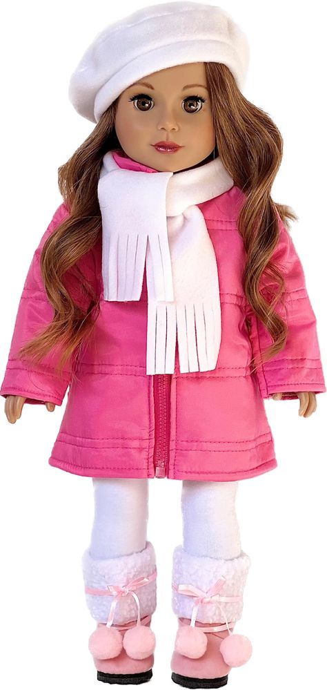 PRICES MAY VARY. Pink coat, white cotton leggings, hat scarf and boots. Our doll clothes fits 18 inch dolls. Designed in the USA DOLL(S) NOT INCLUDED U.S. CPSIA CHILDREN'S PRODUCTS SAFETY CERTIFIED Doll Clothes for 18 inch dolls Pink Winter Boots, Kit Kittredge, White Beret, Journey Girl Dolls, Beautiful Floral Dresses, Dress Patterns Free, Coat White, Doll Dress Patterns, American Doll Clothes