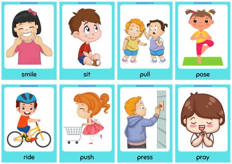 Action Verbs Flashcards, Flashcards Free Printable, Emotion Cards, Emotions Cards, Baby Activity, Flashcards For Kids, Action Verbs, Action Words, Infant Activities