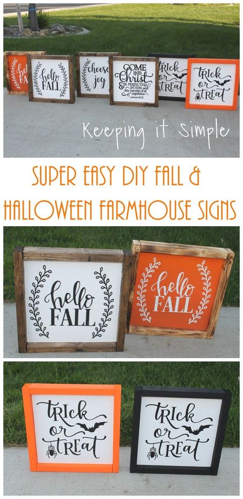 Super easy DIY fall and Halloween farmhouse signs Fall Reverse Canvas Ideas, Fall Cricut Decorations, Fall Cricut Projects To Sell, Fall Sayings For Signs, Fall Signs Wooden Diy, Cricut Fall Projects, Fall Wooden Signs, Easy Diy Fall Crafts, Fall Cricut