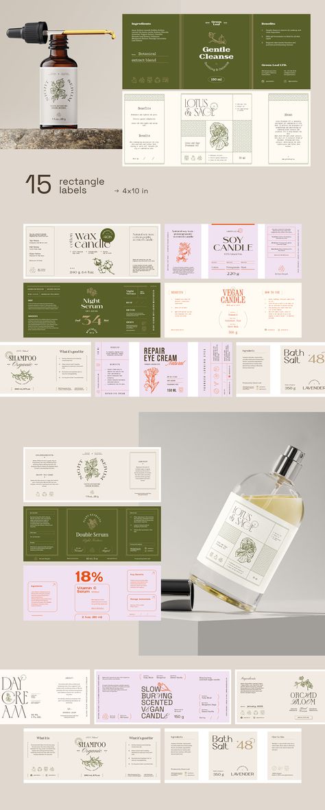 Cosmetics Label Collection on Behance Cosmetic Brand Identity Design, Cosmetic Labels Design, Cosmetic Labels, Cosmetic Logo, Identity Inspiration, Design Identity, Text Layout, Design Guidelines, Botanical Illustrations