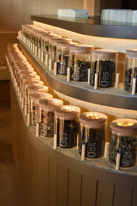 Small Tea interior design by Andee Hess featuring up close the scent station and some of our favorite teas... Tea Interior Design, Tea Store Design, Design Coffee Shop, Tea House Design, Coffee Display, Tea Display, Tea Lounge, Tea Station, Tea Cafe