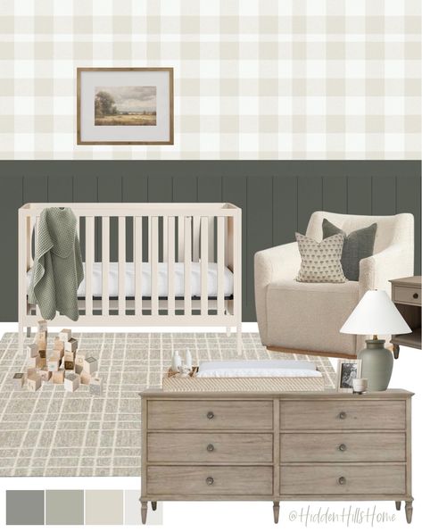 Shop Opie Two-Tone Wood and Linen White … and other curated products on LTK, the easiest way to shop everything from your favorite creators. Gingham Bedroom Ideas, Blue Board And Batten Nursery, Green Plaid Nursery, Plaid Wall Paint, Baby Boy Wallpaper Nursery, Green Gingham Nursery, Plaid Nursery Boy, Playroom Mood Board, Easy Nursery Accent Wall