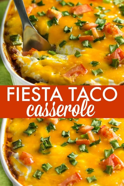 Fiesta Taco Casserole - Packed with ground beef, cheese, beans and sour cream. Yum! #tacocasserole #casserole Mexican Hotdish Ground Beef, Ground Beef Casseroles Mexican, Fiesta Casserole Ground Beef, Taco Casserole With Cream Cheese, Bean And Hamburger Casserole, Taco Casseroles, Cheese Beans, Mexican Casseroles, Simply Stacie