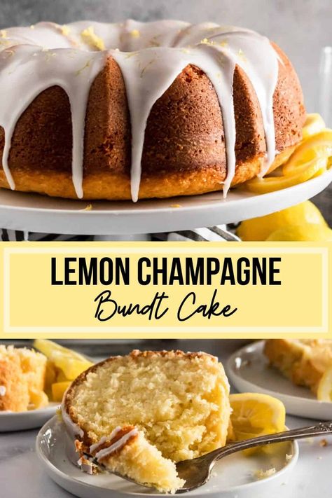 Add a pop of bubbly to this delicious, moist Champagne Lemon Bundt Cake recipe. A perfect way to celebrate any occasion with the refreshing lemon and extra zest from the champagne. Not your average cake and we like it that way! #bundtcake #lemoncake #lemonbundtcake #lemon #cakerecipe Alcohol Pound Cake Recipes, Champagne Bundt Cake, Boozy Snacks, Champagne Recipes, Lemon Bundt Cake Recipe, Champagne Recipe, Moist Pound Cake, Champagne Cake, Bundt Cake Recipe