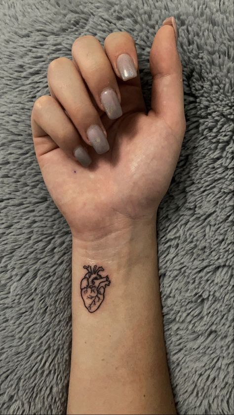 Tatuaggio cuore anatomico sul polso Tiny Realistic Heart Tattoo, Cardiology Tattoo Ideas, Tiny Anatomical Heart Tattoo, Heart On Arm Tattoo, Heart Defect Tattoo, Actual Heart Tattoo, Atomically Heart Tattoo, Heart Condition Tattoo, Organ Heart Tattoo