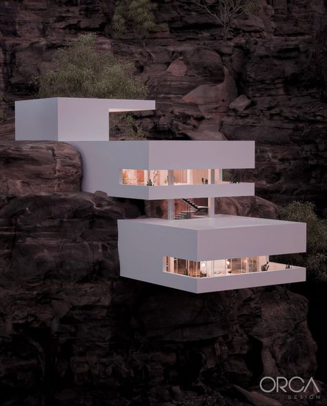 Minimalistic Cliff House Concept in Aust|Visualization Cliff Container House, Cliff Building Architecture, Mountain Architecture Concept, Cliff House Architecture, Housing Concept, Cliffside House, Orca Design, Mountain Architecture, House Concept