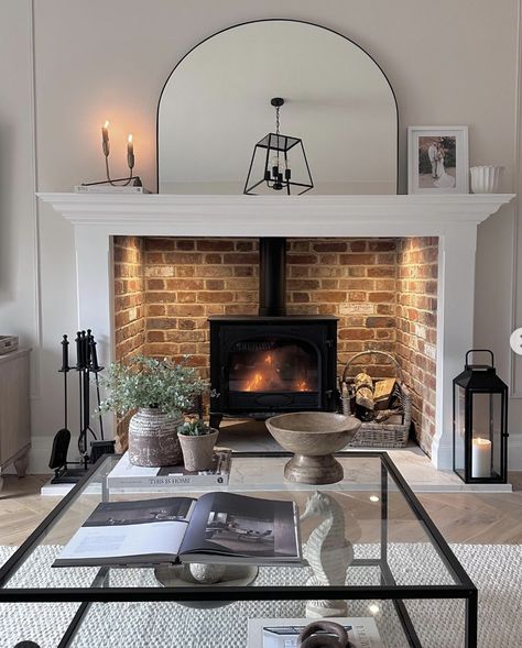 35 Brilliant Mirrors On Fireplace Ideas That You Must Try Wood Burner Fireplace, Log Burner Living Room, Inglenook Fireplace, White Fireplace, Freestanding Fireplace, Living Room Decor Fireplace, Cosy Living Room, Home Fireplace, Living Room With Fireplace