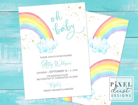 Rainbow Baby Shower Ideas, Rainbow Baby Shower Theme, Baby Shower Appetizers, Rainbow Baby Shower Invitations, Custom Baby Shower Invitations, Rainbow Printable, Invite Ideas, Couples Baby Showers