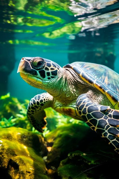 Green sea turtle swims underwater close-up stock photo Turtle Photography, Loggerhead Sea Turtle, Ocean Turtle, Turtle Drawing, Turtle Swimming, Green Sea Turtle, Exotic Animals, Animal Portraits, Gcse Art