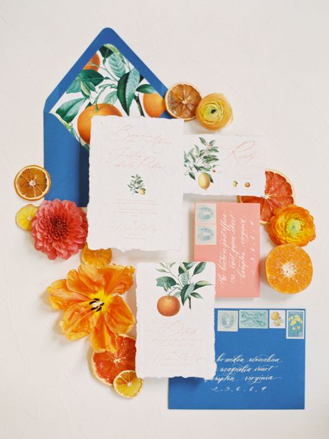 Summer citrus wedding inspiration at historic post office LGBTQ+ weddings two grooms gay wedding blue suit white gray suit orange blue bright colorful summery styled shoot invitations Citrus Wedding, Design Invitation, Wedding Stationery Suite, Portugal Wedding, Turquoise Wedding, Orange Wedding, Invitation Inspiration, Floral Theme, Winery Weddings