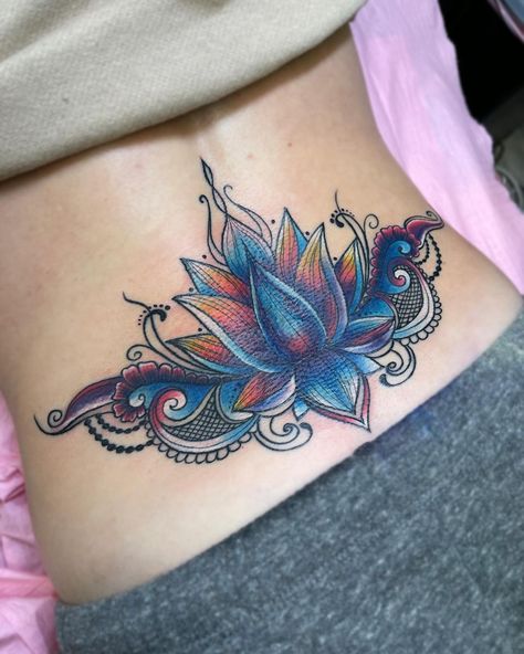 Cover Up Tramp Stamp Tattoo, Low Back Tattoo Cover Up, Low Back Cover Up Tattoo For Women, Lower Back Tattoo Cover Up Ideas For Women, Big Lower Back Tattoos, Lotus Back Tattoo Women, Flower Tattoo Coverup, Women Lower Back Tattoos, Lower Back Tattoos For Women Classy