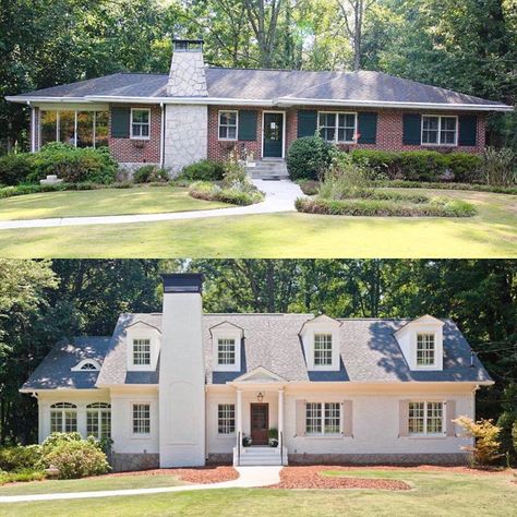 I’m loving the way that a new roof with a different pitch, dormers, an updated sunroom, a grander front porch and painted brick change the… Raised Ranch Remodel Exterior, Ranch Remodel Exterior, Ranch Exterior Remodel, Raised Ranch Remodel, Ranch House Remodel, Raised Ranch, Ranch House Exterior, House Makeovers, Exterior House Remodel