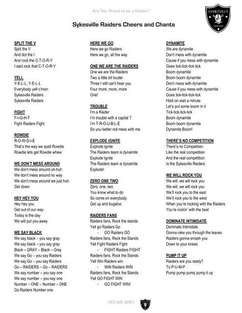 Sykesville Raiders Cheers and Chants Flag Football Cheerleading, Flag Football Cheers, Baseball Cheers And Chants, Cheerleading Cheers Words, Side Line Cheer Chants, Cheerleading Chants Football, Sideline Football Cheers, Class Cheers And Chants, Cheer Team Huddle Chants